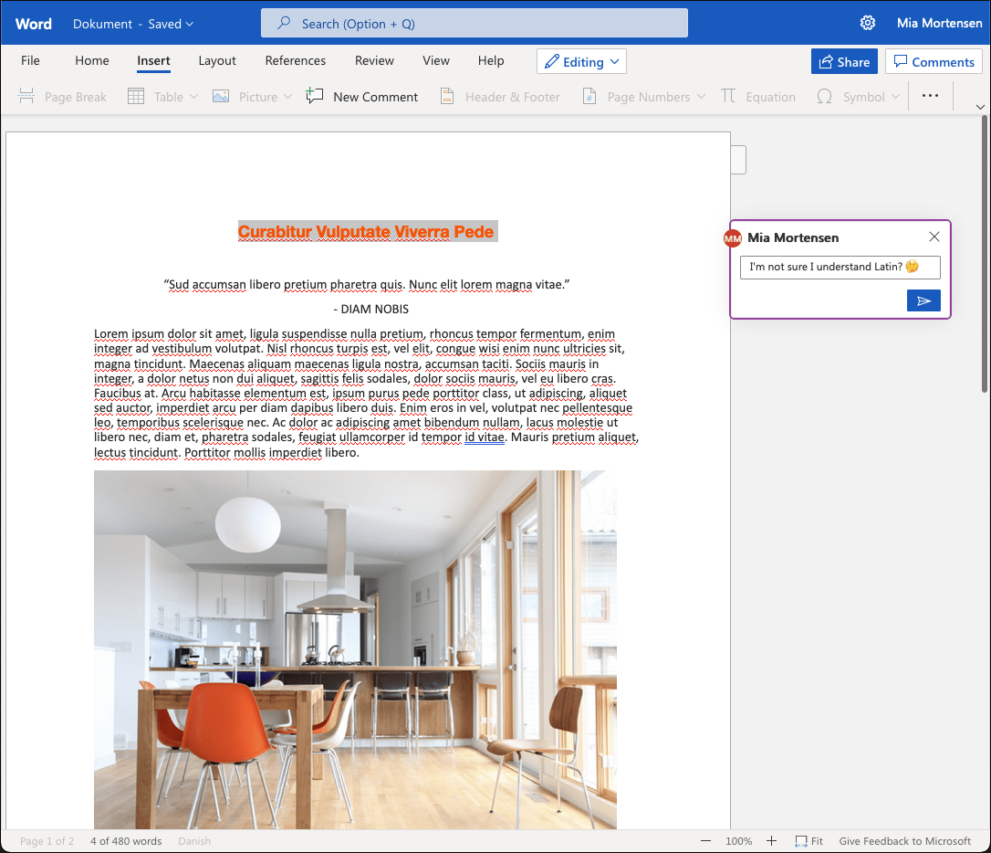 Microsoft Word online open in the browser with a document stored at Onlime