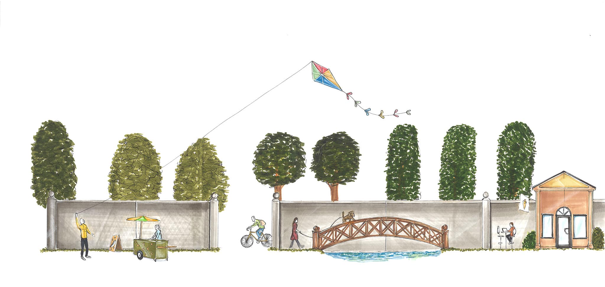 Bjørn’s watercolor park: a person flying a kite, an ice-cream cart, a cyclist, someone walking a dog by a bridge, and someone working at a café table — one person at a time, free and airy.