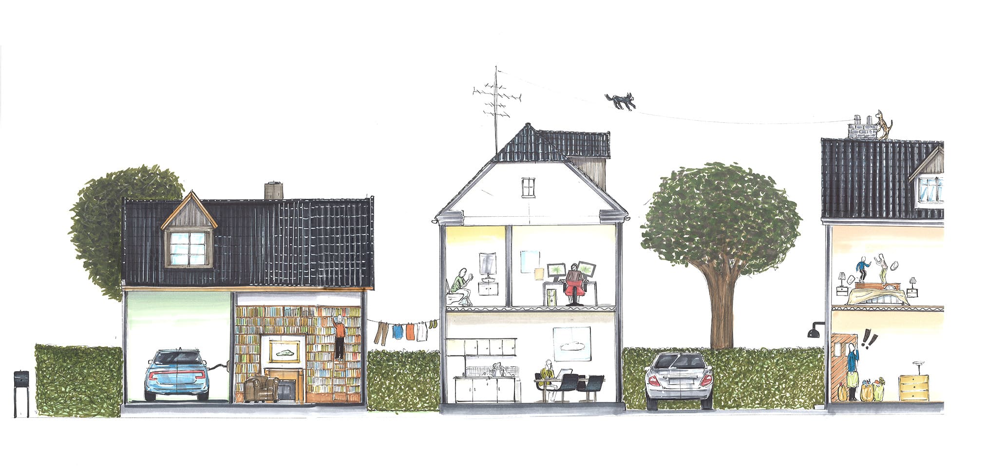 Bjørn’s watercolor row of houses in cross-section: a garage with a blue car, a living room with shelves and a fireplace, a home office, a kitchen and a child’s room — each room a part of the family’s digital life.